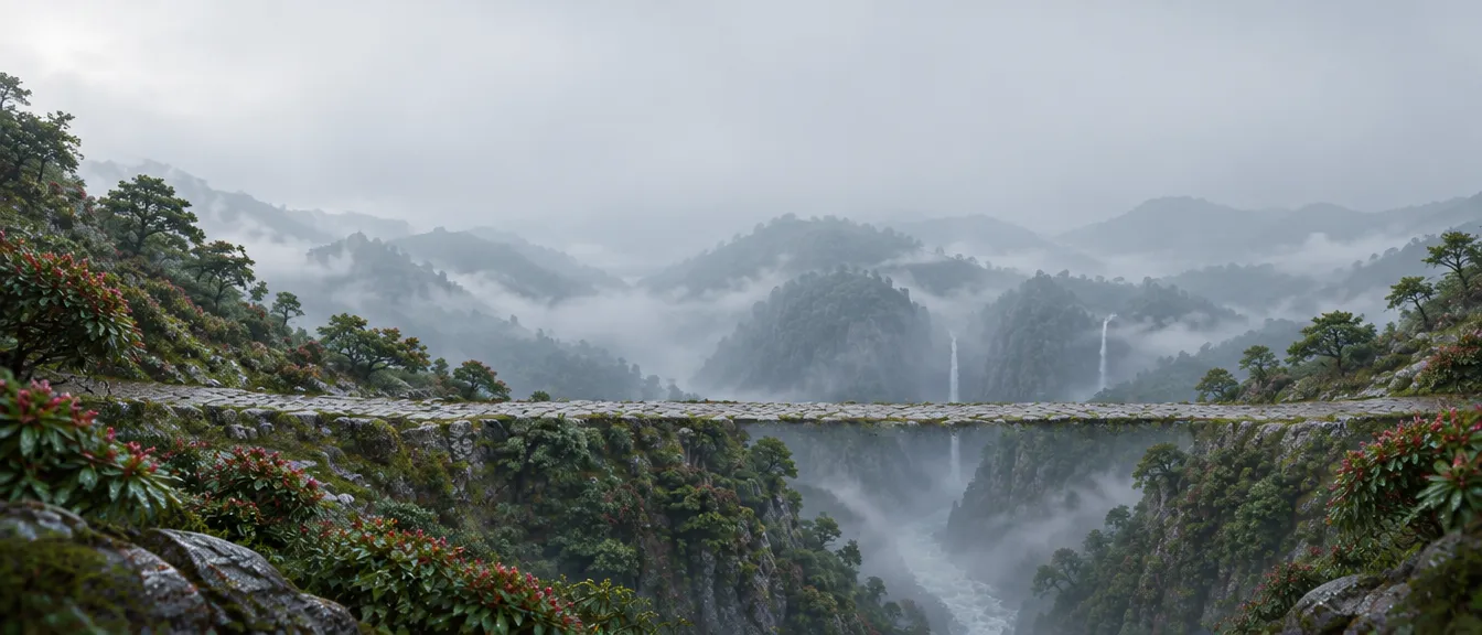 Ivo menuntun Clover di jalur batu sepanjang tepi ngarai Greyrun, air terjun dan kabut pagi di dinding seberang, tiang batu penanda jarak berdiri di tepi jalur.
