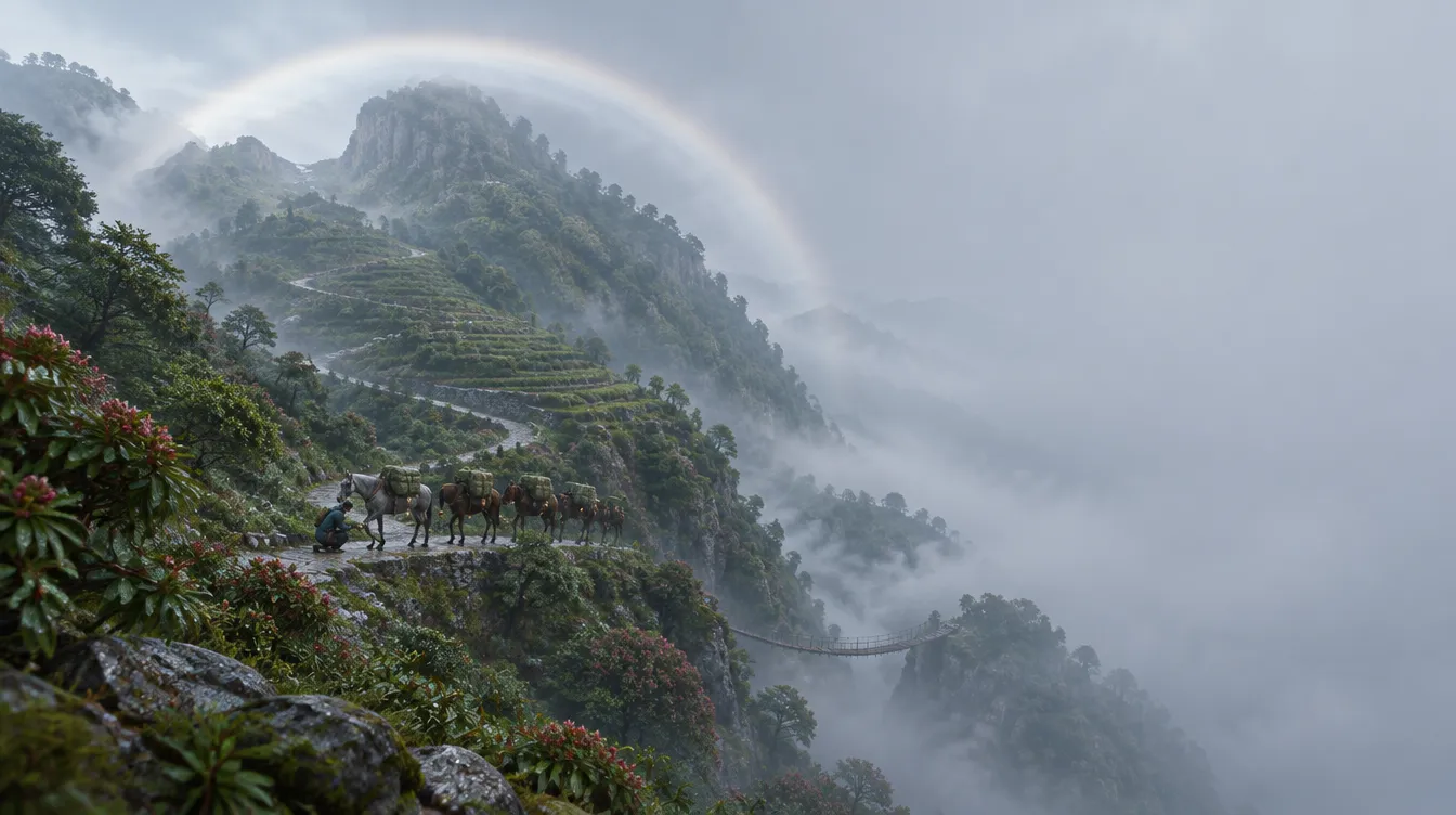 Gunung raksasa di pagi biru pucat, busur kabut putih melengkung di atas celah. Di satu tikungan jalur batu, Ivo kecil berlutut memeriksa kuku Clover, karavan bagal menunggu di belakangnya.